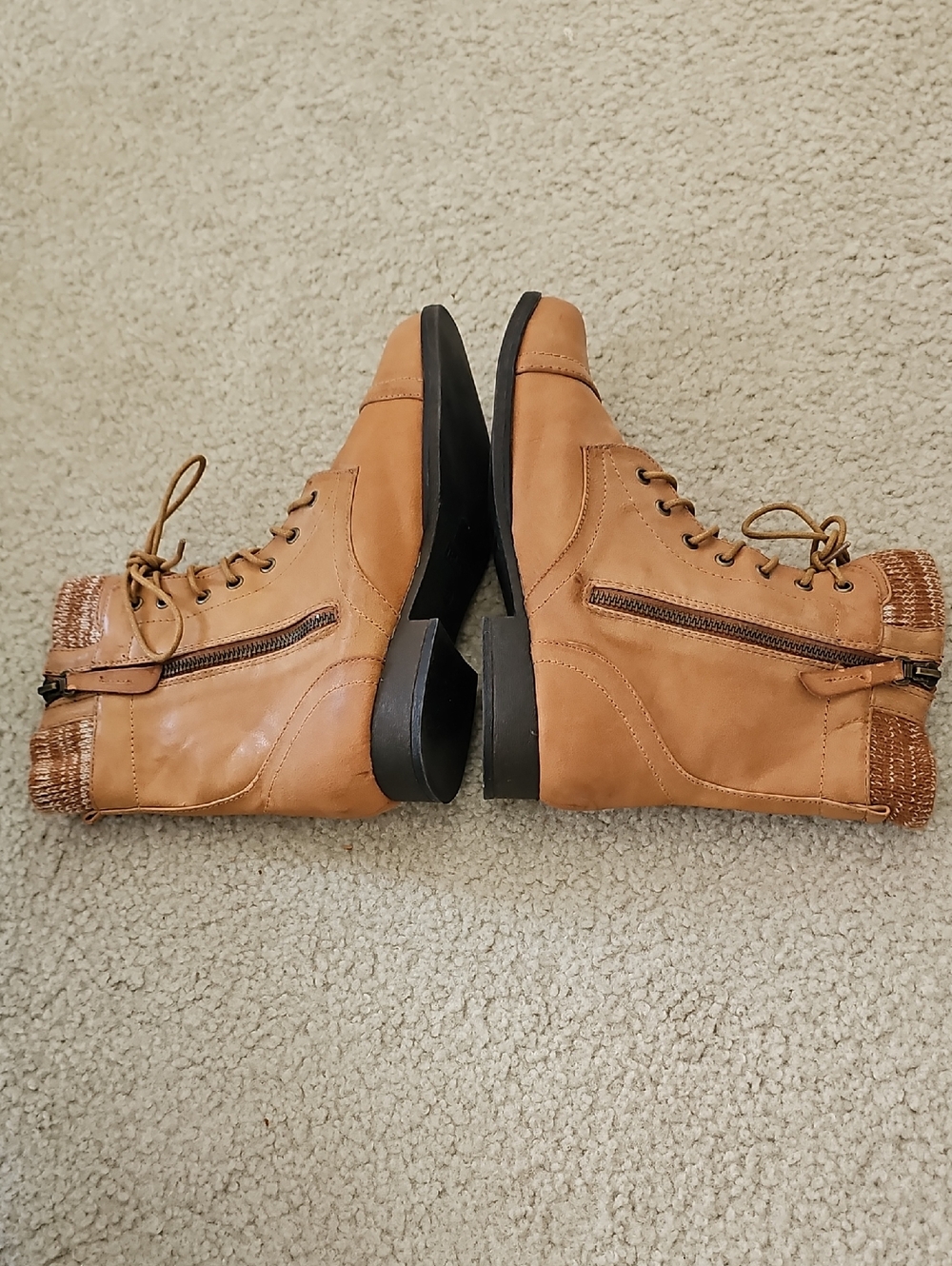 Bella Marie Tan Knit Cuff Ankle Boots Lace Up Side Zipper Size 8.5 - Picture 4 of 11